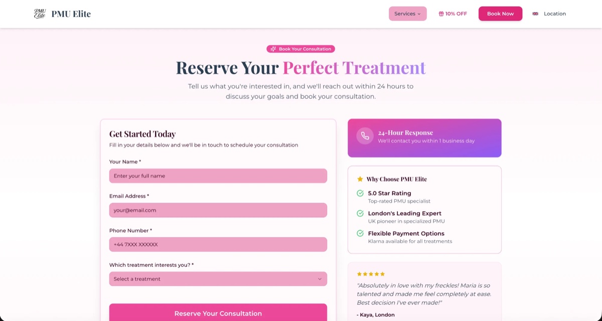 PMU Elite consultation booking funnel — reserve your perfect treatment